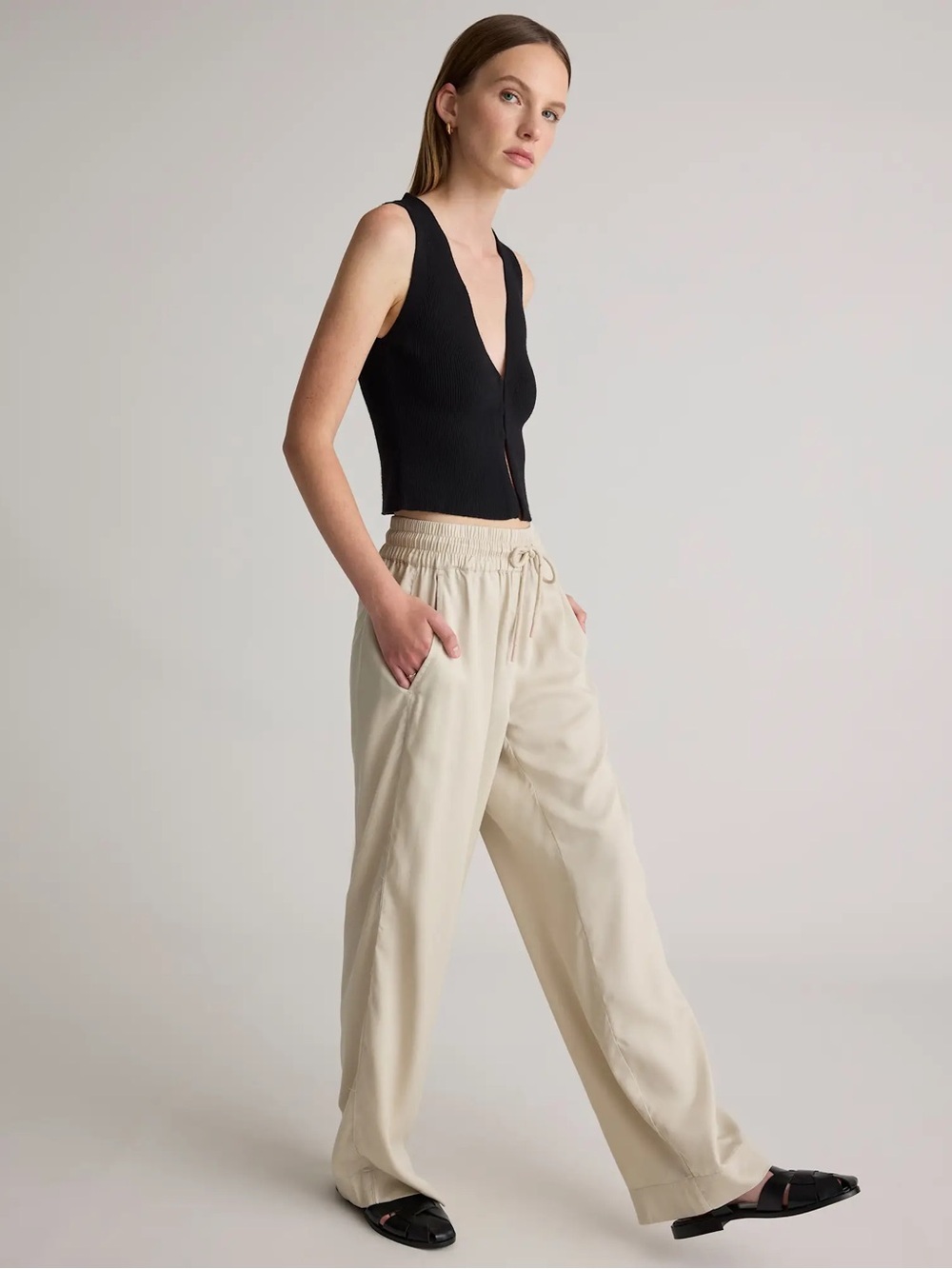 NWOT Quince Vintage Wash Tencel Wide Leg Pants - Sand & Navy Blue - Picture 5 of 8